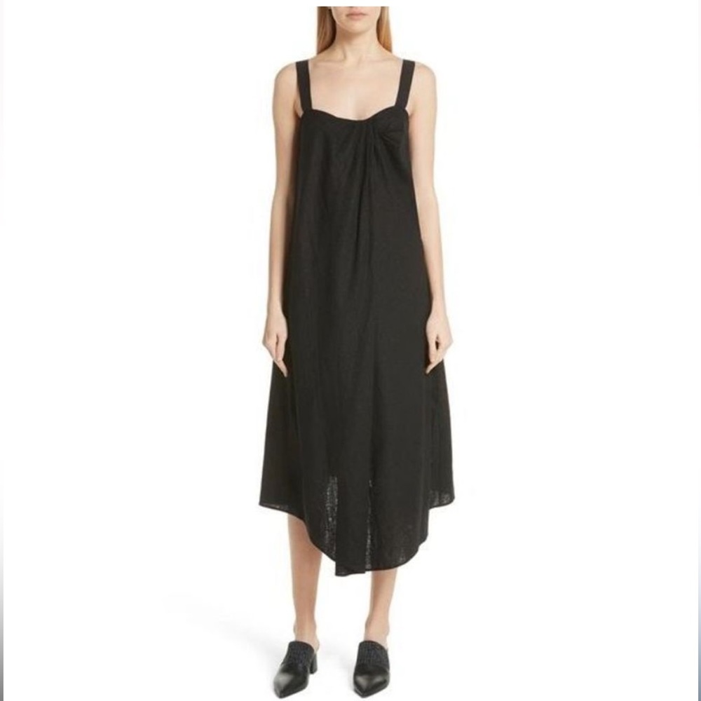 VINCE DRAPE NECK ASYMMETRICAL HEM SLEEVELESS MIDI LINEN BLEND DRESS BLACK SZ 4